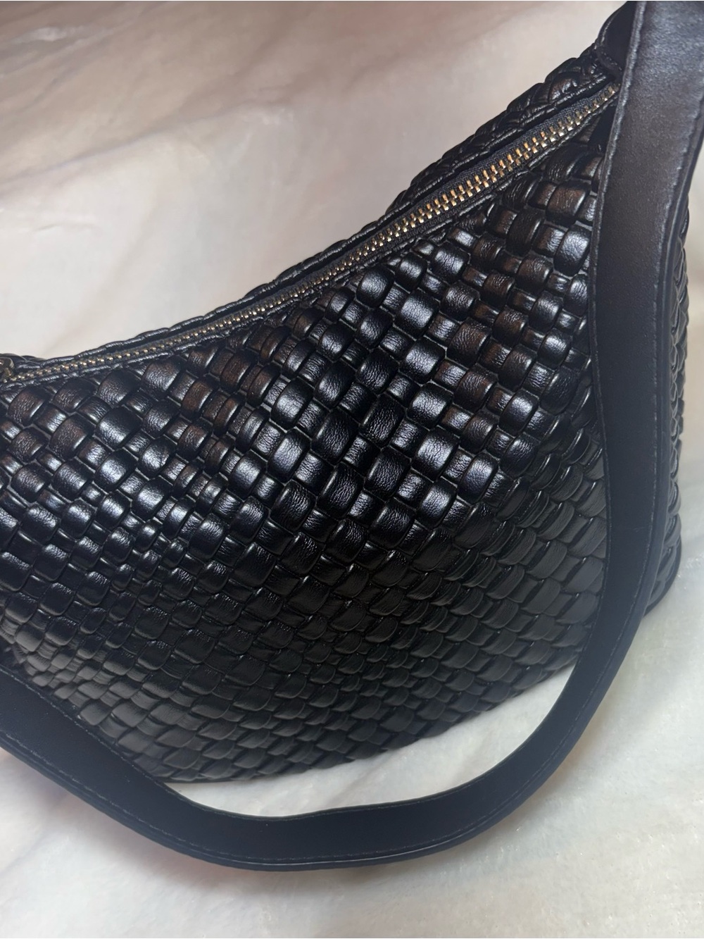 Bostanten Kweli Woven Leather Half Moon Crescent Shoulder Bag Black Gold